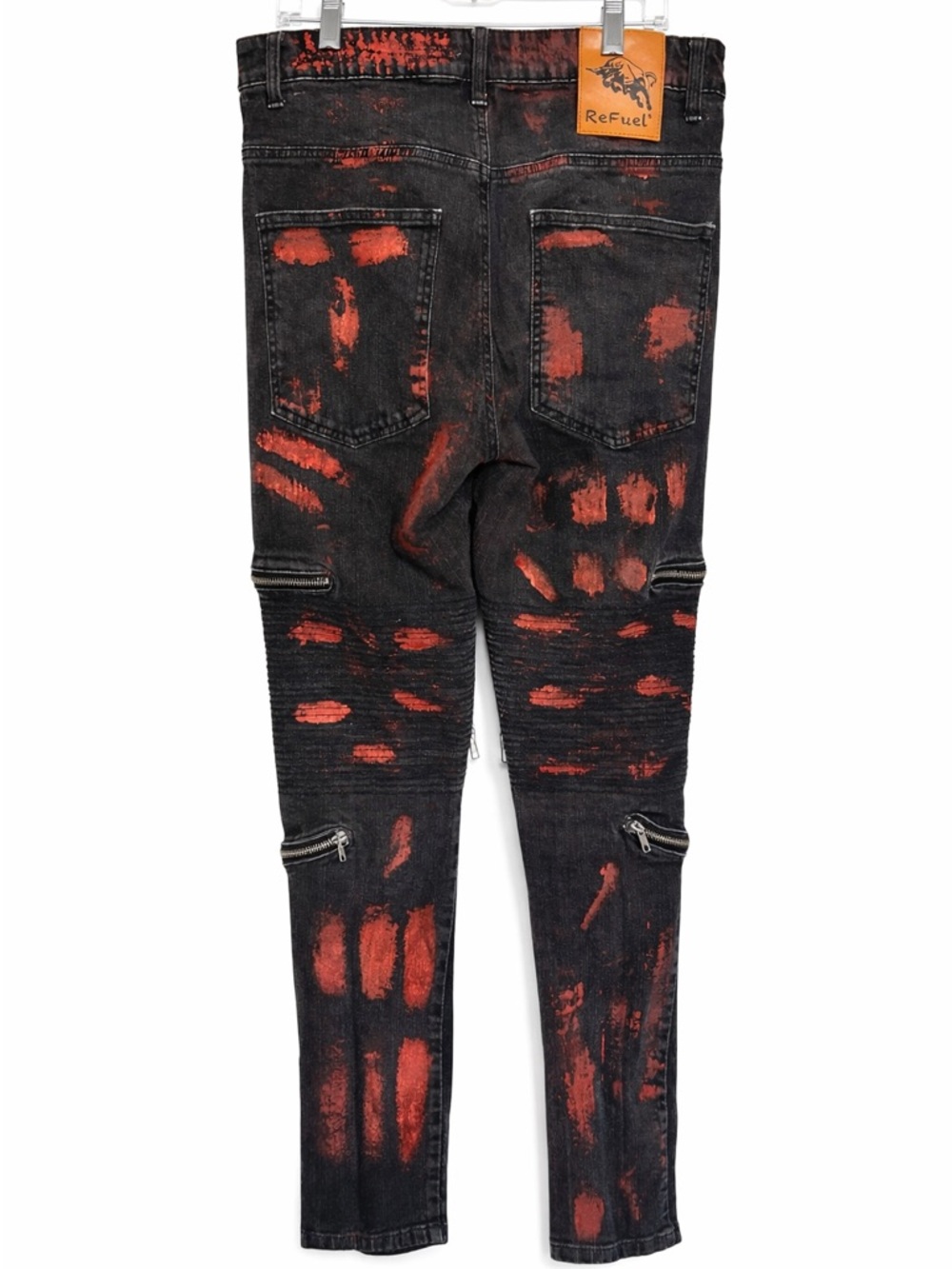 Refuel Black Red Moto Biker Jeans 36x32 Distressed Zip Streetwear Y2K Punk - Picture 2 of 6